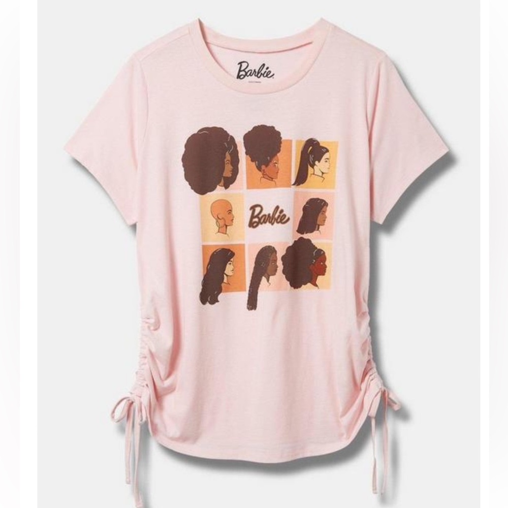 NWT torrid size 5 brunette, bald Barbie Slim Fit Cotton Cinch Tee pink brown